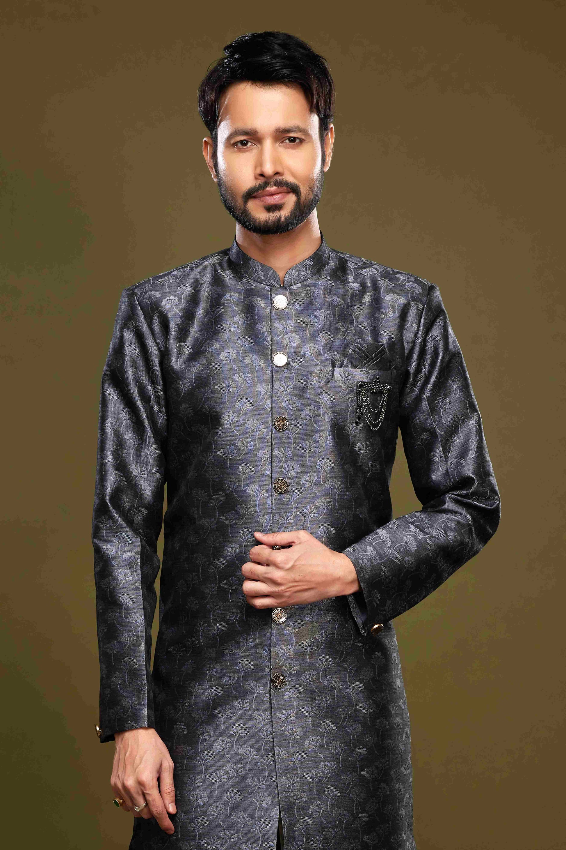 Raivat Ethnic Banarasi Jacquard Embroidery Semi Indo Western Sherwani In Black Colour | Swadesiicart