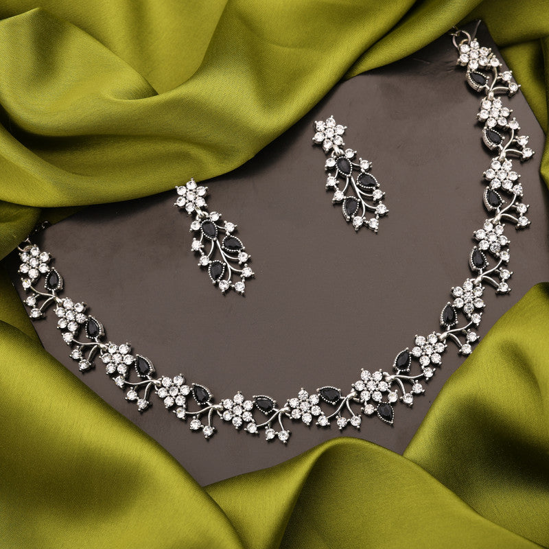 Tehzeeb Creations Silver Pleated White Diamond With Baby Black Beads Necklace Set - Swadesiicart