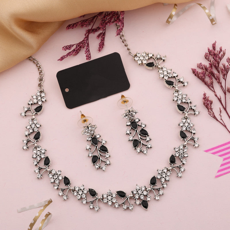 Tehzeeb Creations Silver Pleated White Diamond With Baby Black Beads Necklace Set - Swadesiicart