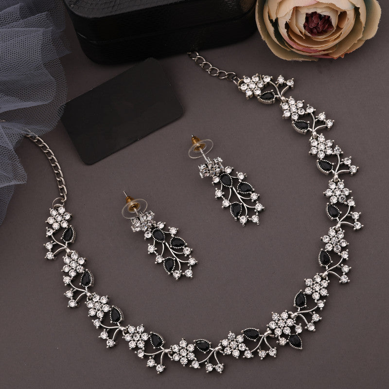 Tehzeeb Creations Silver Pleated White Diamond With Baby Black Beads Necklace Set - Swadesiicart
