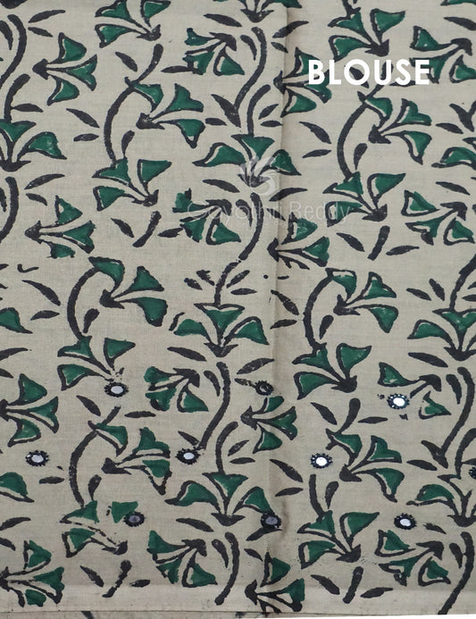 Light Olive Mix Grey Colour Block Print With Mirron Embroidered Pure Mulmul Cotton Saree By Gayathri Reddy Designer Studio | Swadesiicart