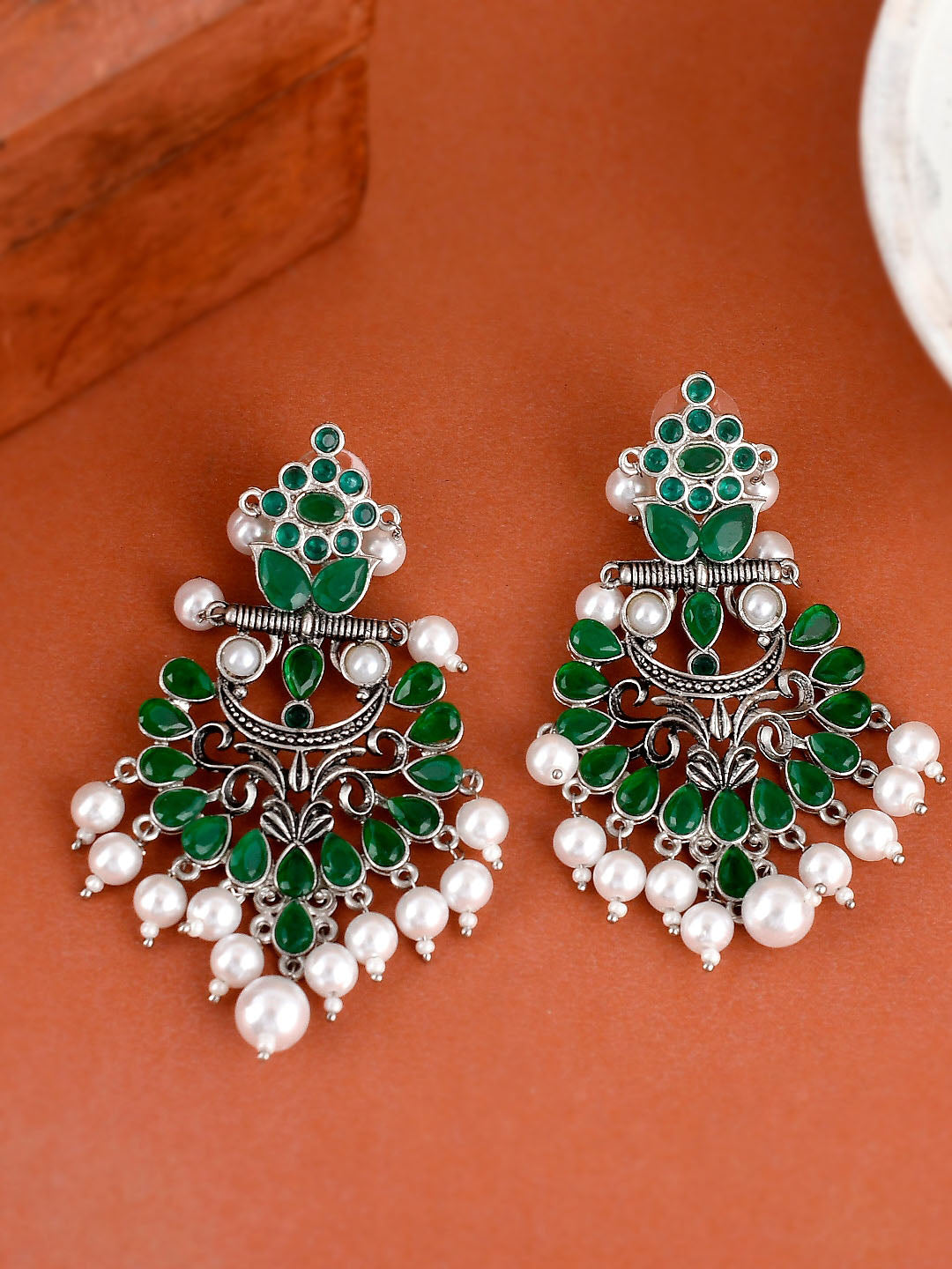 Shoshaa Silver-Plated Green Handcrafted Drop Earrings With Pearl | Swadesiicart