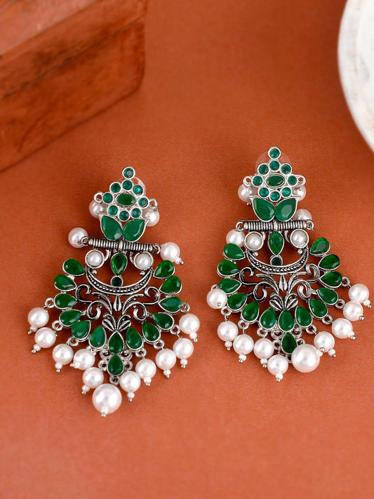 Shoshaa Silver-Plated Green Handcrafted Drop Earrings With Pearl | Swadesiicart