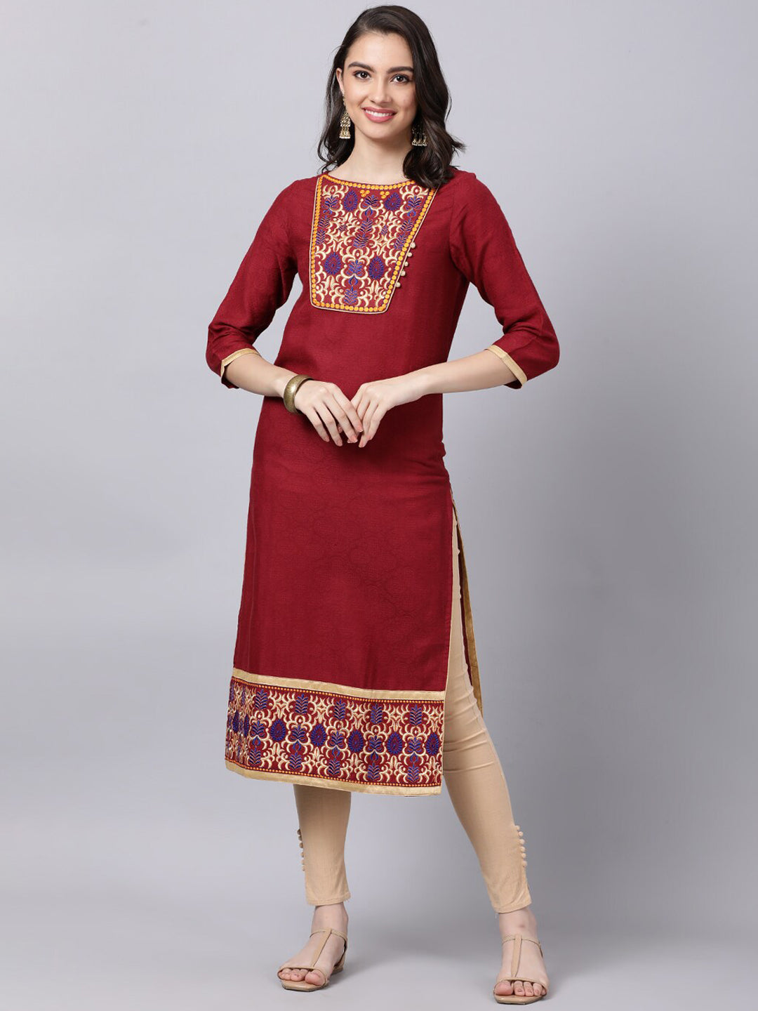 Souchii Maroon & Yellow Thread Work Grandeur & Majestic Artwork Cotton Kurta - Swadesiicart