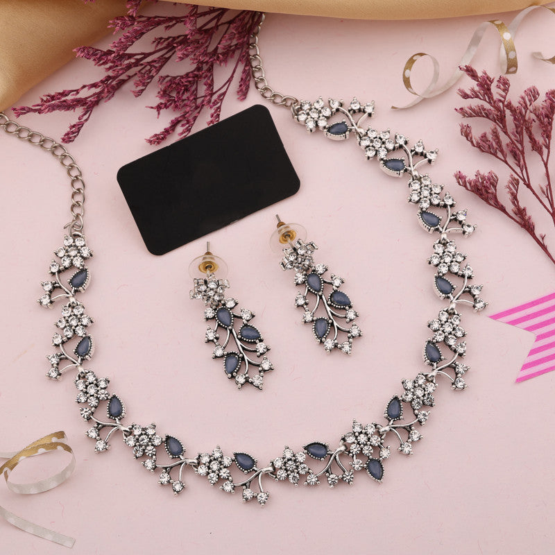 Tehzeeb Creations Silver Pleated White Diamond With Baby Blue Beads Necklace Set - Swadesiicart