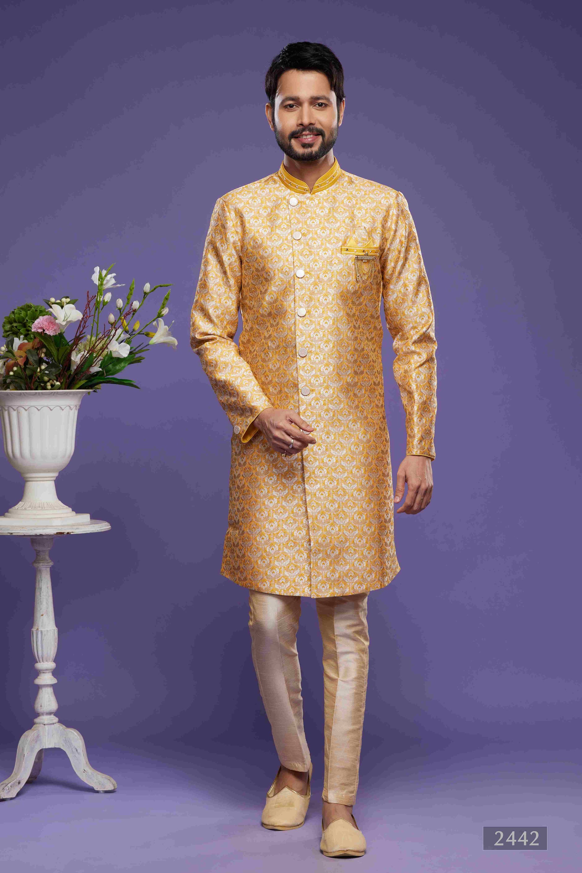 Raivat Ethnic Banarasi Jacquard Embroidery Semi Indo Western Sherwani In Yellow Colour | Swadesiicart