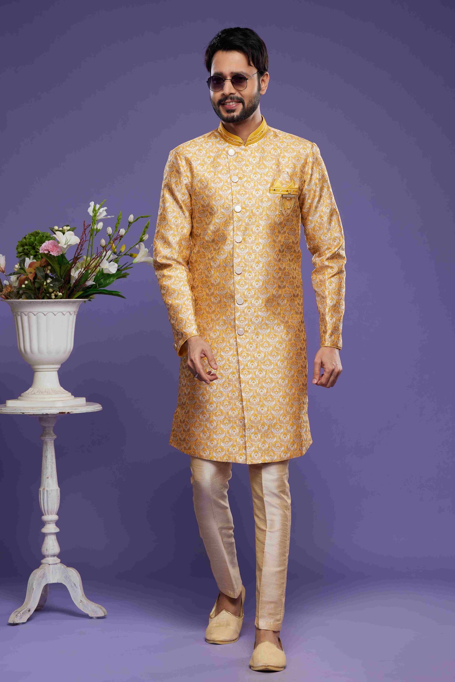 Raivat Ethnic Banarasi Jacquard Embroidery Semi Indo Western Sherwani In Yellow Colour | Swadesiicart