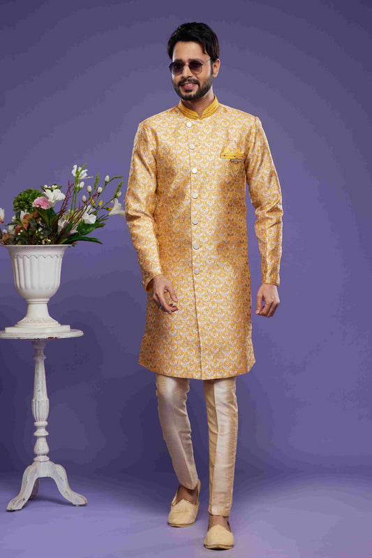 Raivat Ethnic Banarasi Jacquard Embroidery Semi Indo Western Sherwani In Yellow Colour | Swadesiicart