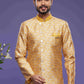 Raivat Ethnic Banarasi Jacquard Embroidery Semi Indo Western Sherwani In Yellow Colour | Swadesiicart