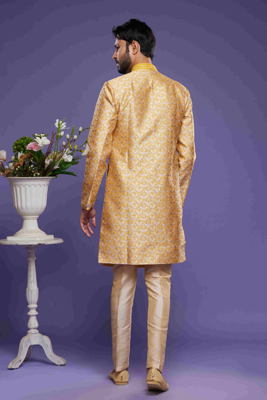 Raivat Ethnic Banarasi Jacquard Embroidery Semi Indo Western Sherwani In Yellow Colour | Swadesiicart