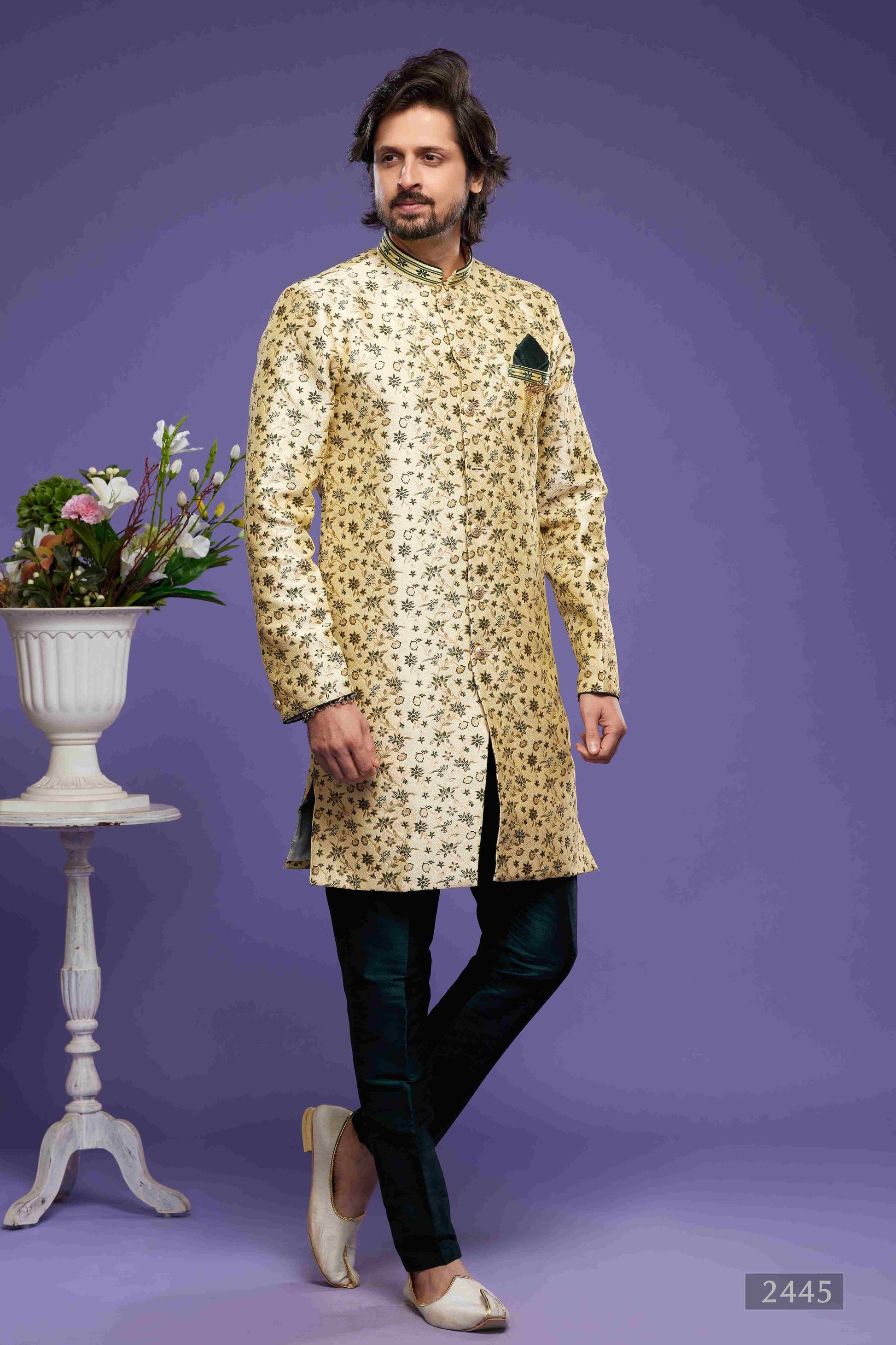 Raivat Ethnic Banarasi Jacquard Embroidery Semi Indo Western Sherwani In Gold Colour | Swadesiicart