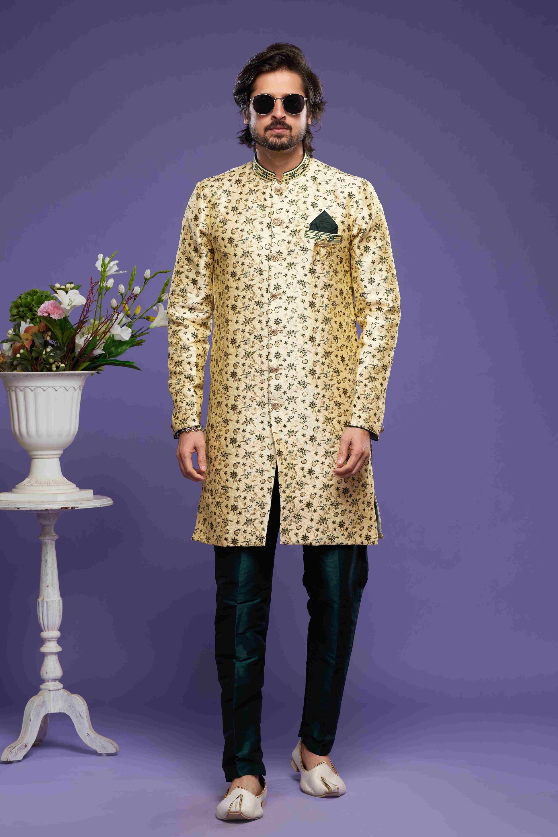 Raivat Ethnic Banarasi Jacquard Embroidery Semi Indo Western Sherwani In Gold Colour | Swadesiicart