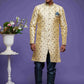 Raivat Ethnic Banarasi Jacquard Embroidery Semi Indo Western Sherwani In Gold Colour | Swadesiicart