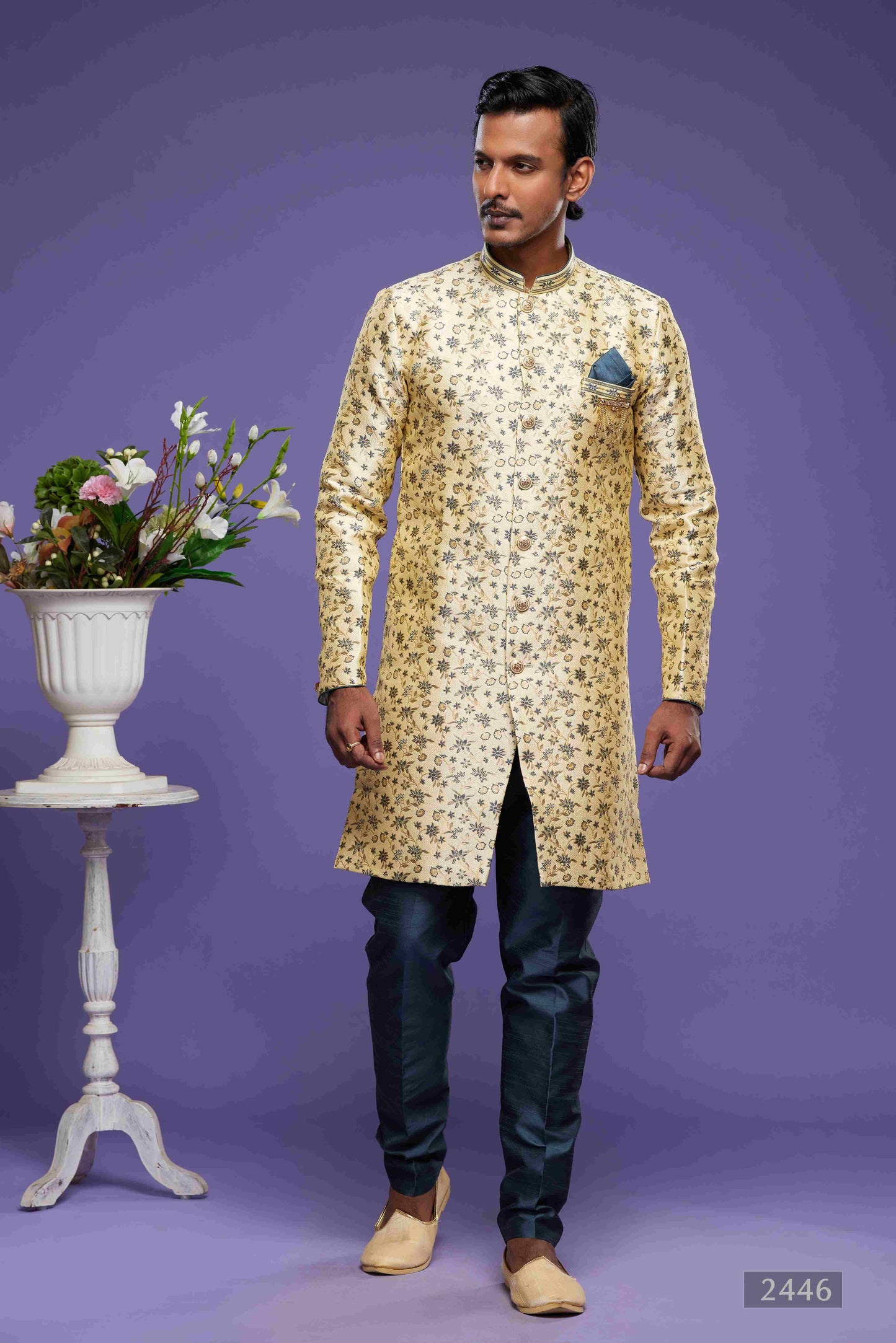 Raivat Ethnic Banarasi Jacquard Embroidery Semi Indo Western Sherwani In Gold Colour | Swadesiicart