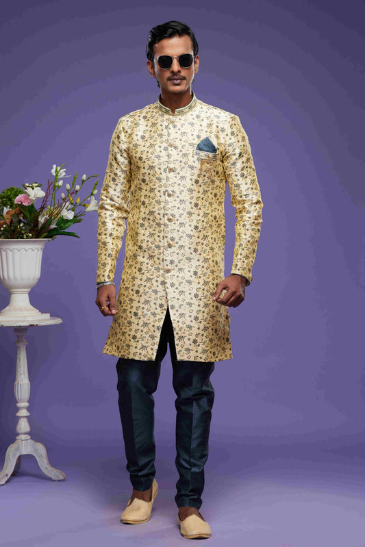 Raivat Ethnic Banarasi Jacquard Embroidery Semi Indo Western Sherwani In Gold Colour | Swadesiicart