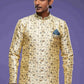 Raivat Ethnic Banarasi Jacquard Embroidery Semi Indo Western Sherwani In Gold Colour | Swadesiicart
