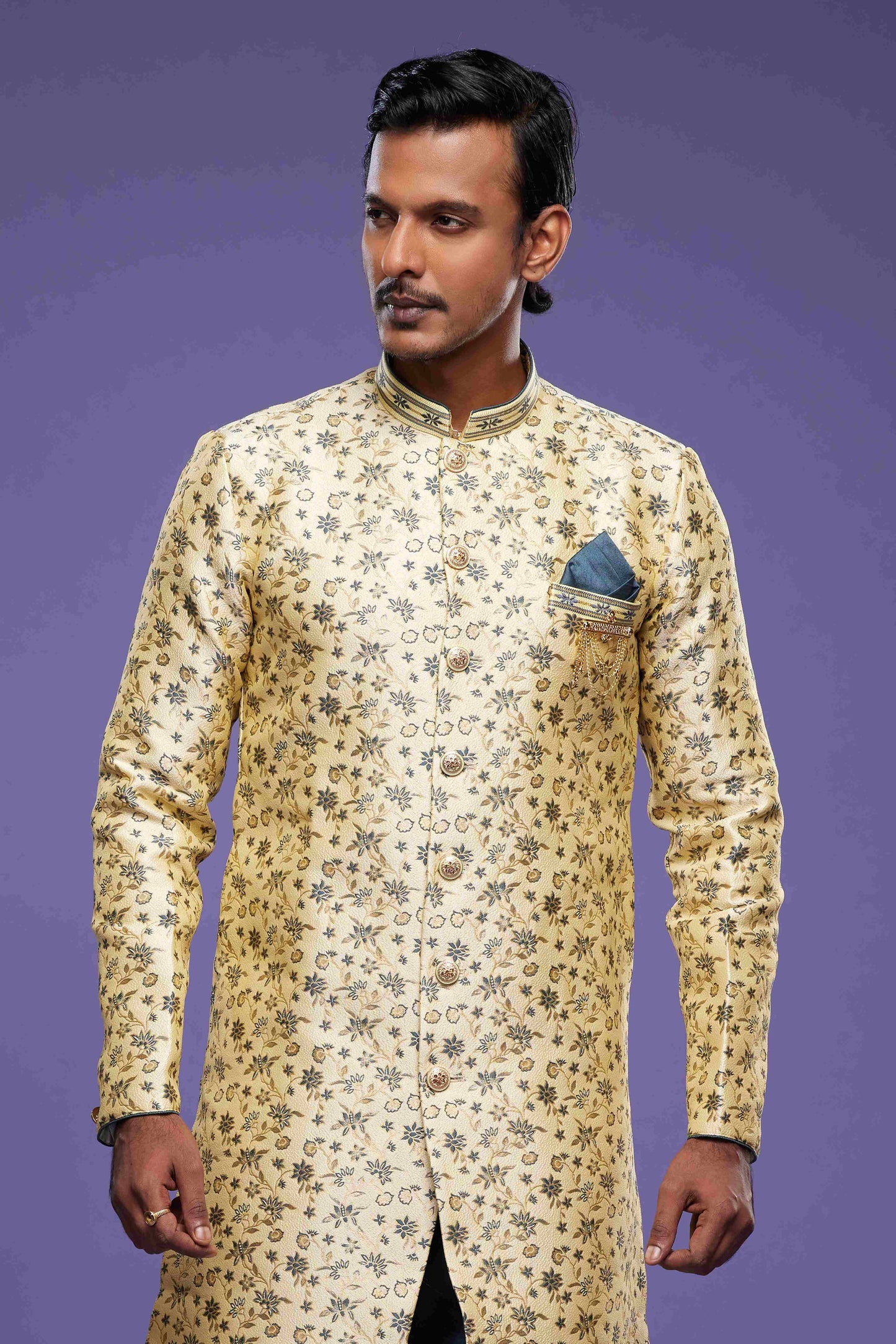 Raivat Ethnic Banarasi Jacquard Embroidery Semi Indo Western Sherwani In Gold Colour | Swadesiicart