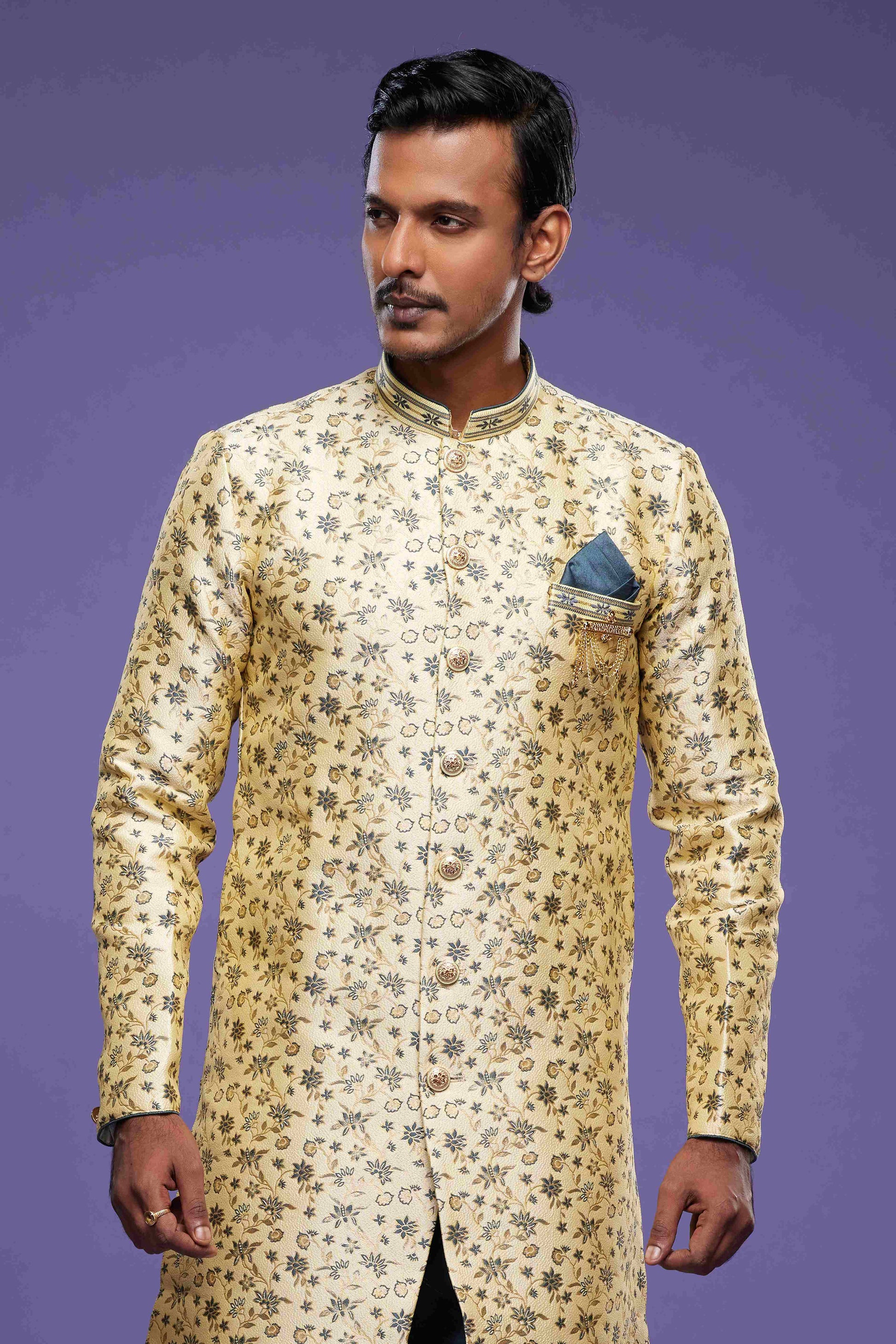 Raivat Ethnic Banarasi Jacquard Embroidery Semi Indo Western Sherwani In Gold Colour | Swadesiicart