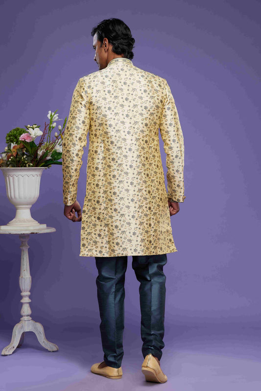 Raivat Ethnic Banarasi Jacquard Embroidery Semi Indo Western Sherwani In Gold Colour | Swadesiicart