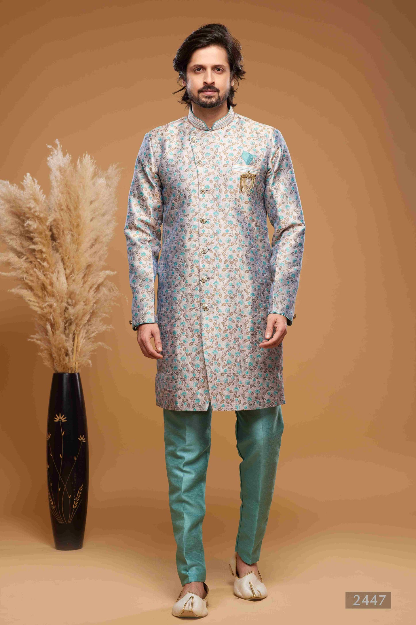 Raivat Ethnic Banarasi Jacquard Embroidery Semi Indo Western Sherwani In Grey Colour | Swadesiicart