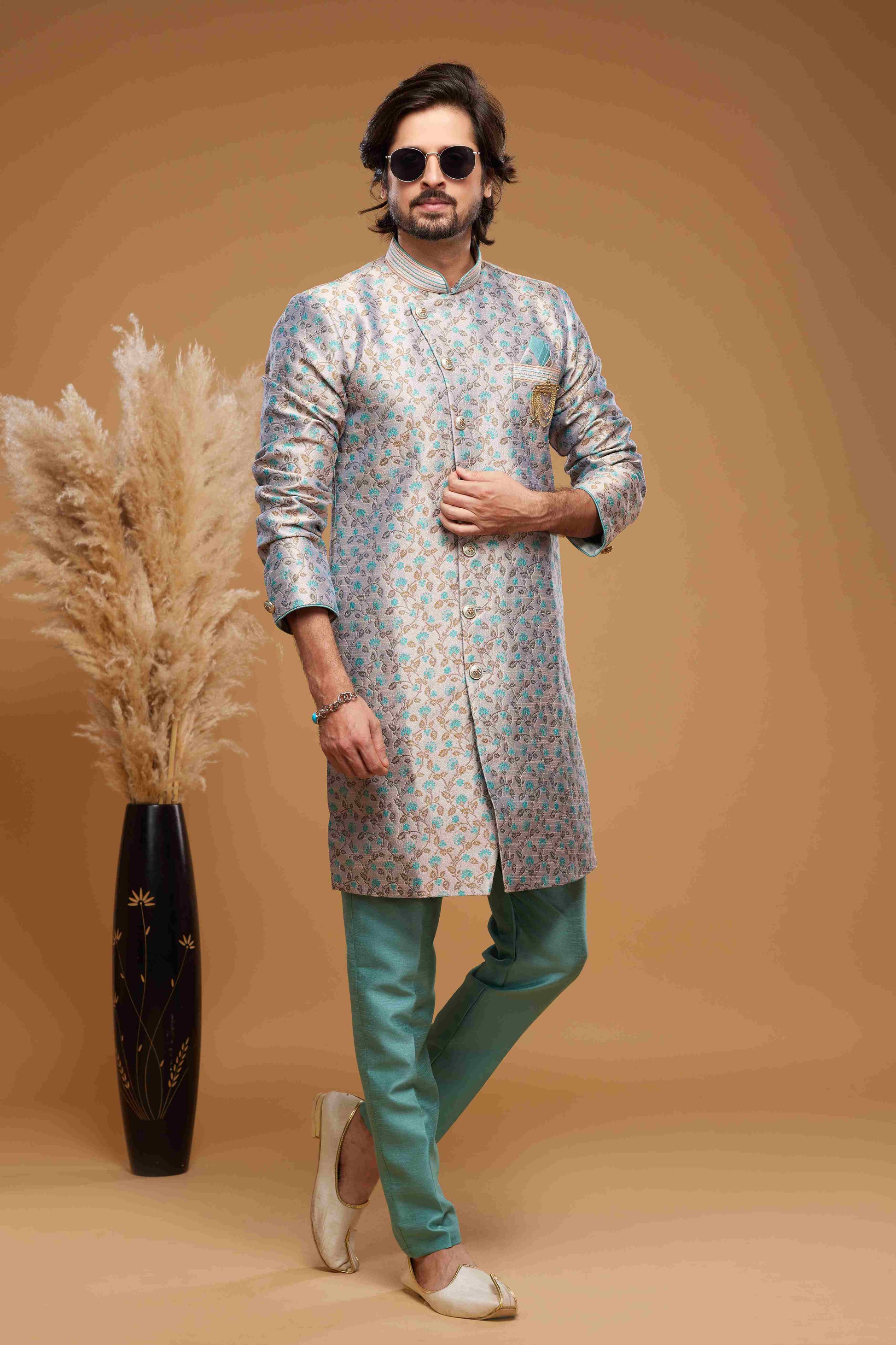 Raivat Ethnic Banarasi Jacquard Embroidery Semi Indo Western Sherwani In Grey Colour | Swadesiicart