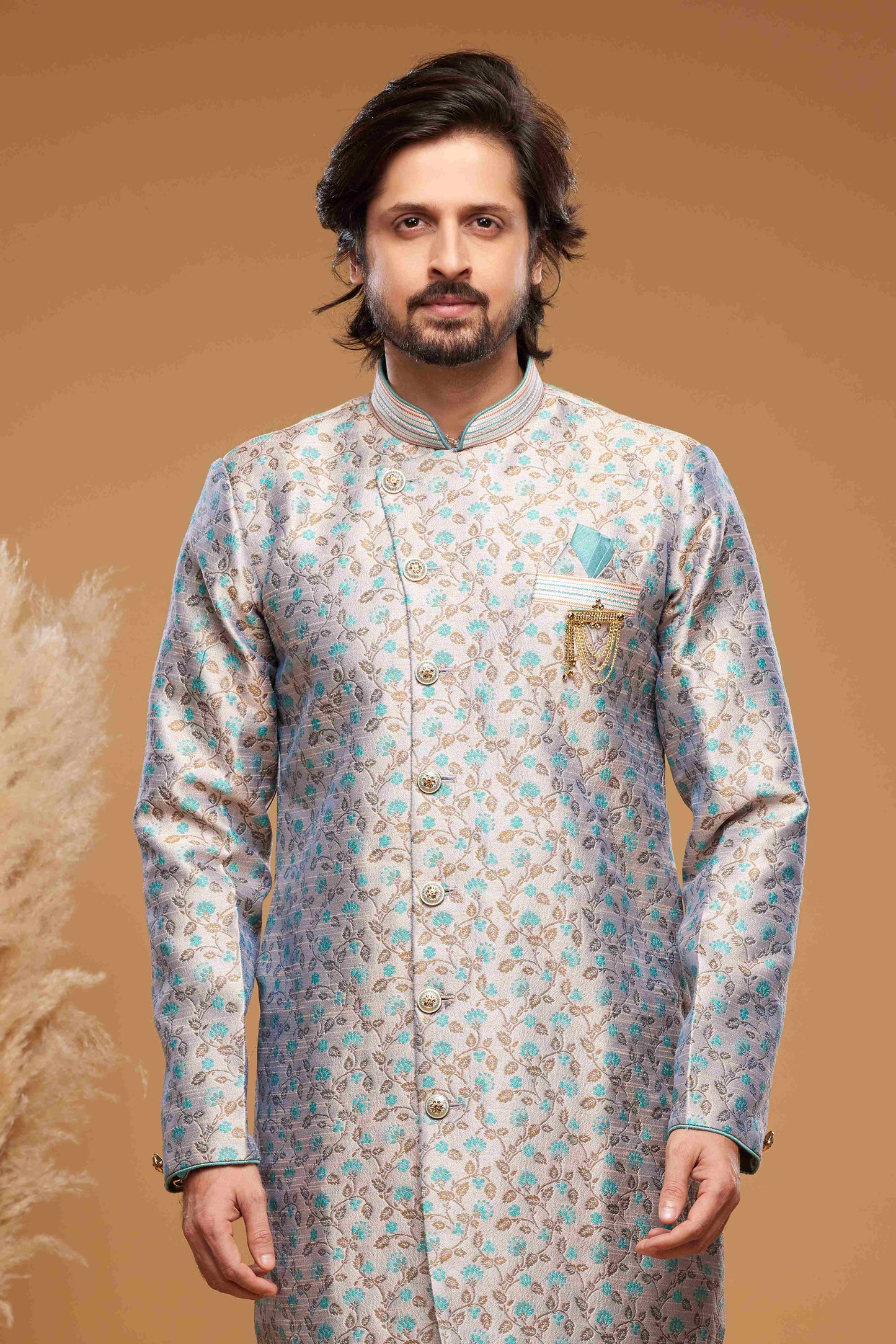 Raivat Ethnic Banarasi Jacquard Embroidery Semi Indo Western Sherwani In Grey Colour | Swadesiicart