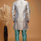 Raivat Ethnic Banarasi Jacquard Embroidery Semi Indo Western Sherwani In Grey Colour | Swadesiicart