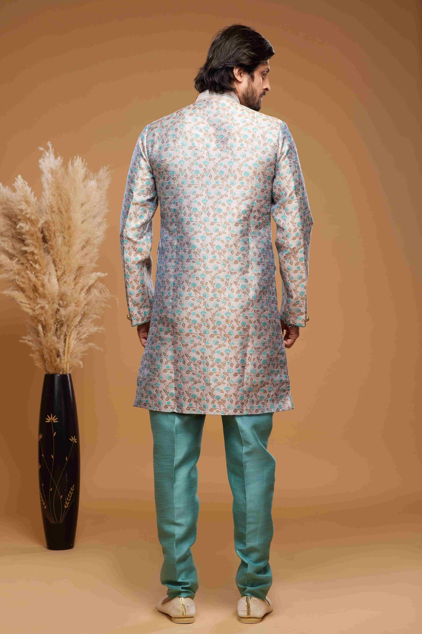 Raivat Ethnic Banarasi Jacquard Embroidery Semi Indo Western Sherwani In Grey Colour | Swadesiicart