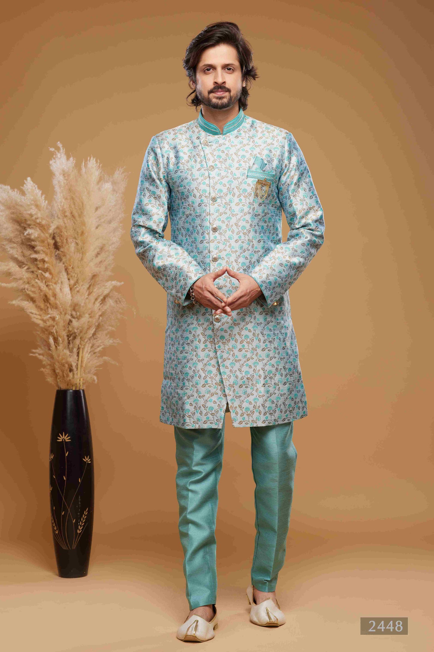 Raivat Ethnic Banarasi Jacquard Embroidery Semi Indo Western Sherwani In Sky Blue Colour | Swadesiicart
