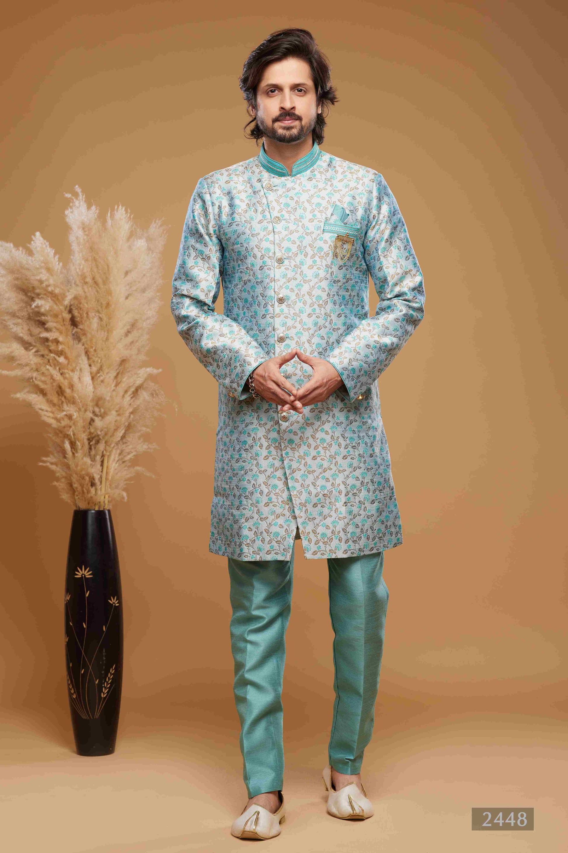 Raivat Ethnic Banarasi Jacquard Embroidery Semi Indo Western Sherwani In Sky Blue Colour | Swadesiicart