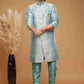 Raivat Ethnic Banarasi Jacquard Embroidery Semi Indo Western Sherwani In Sky Blue Colour | Swadesiicart
