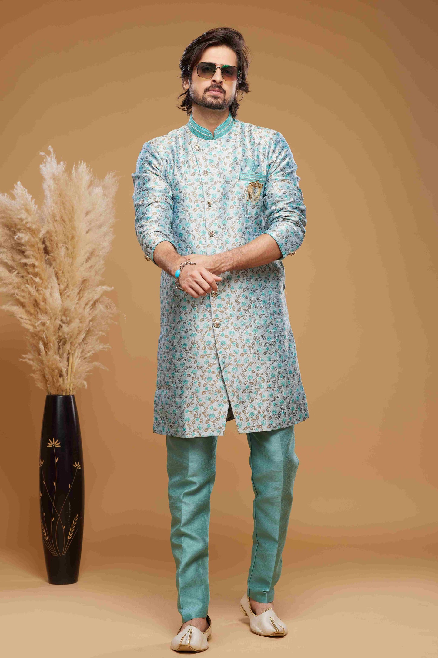 Raivat Ethnic Banarasi Jacquard Embroidery Semi Indo Western Sherwani In Sky Blue Colour | Swadesiicart