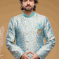 Raivat Ethnic Banarasi Jacquard Embroidery Semi Indo Western Sherwani In Sky Blue Colour | Swadesiicart
