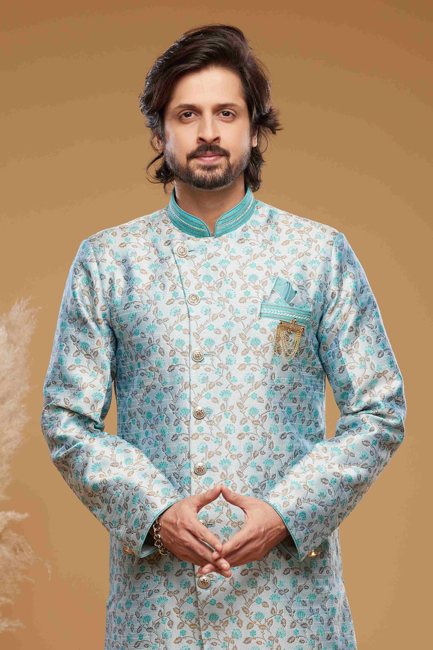 Raivat Ethnic Banarasi Jacquard Embroidery Semi Indo Western Sherwani In Sky Blue Colour | Swadesiicart