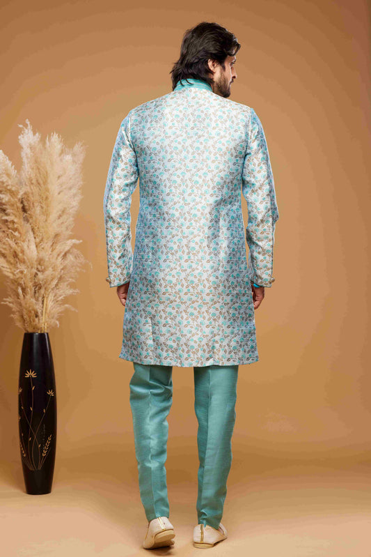 Raivat Ethnic Banarasi Jacquard Embroidery Semi Indo Western Sherwani In Sky Blue Colour | Swadesiicart