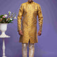 Raivat Ethnic Banarasi Jacquard Embroidery Semi Indo Western Sherwani In Gold Colour | Swadesiicart