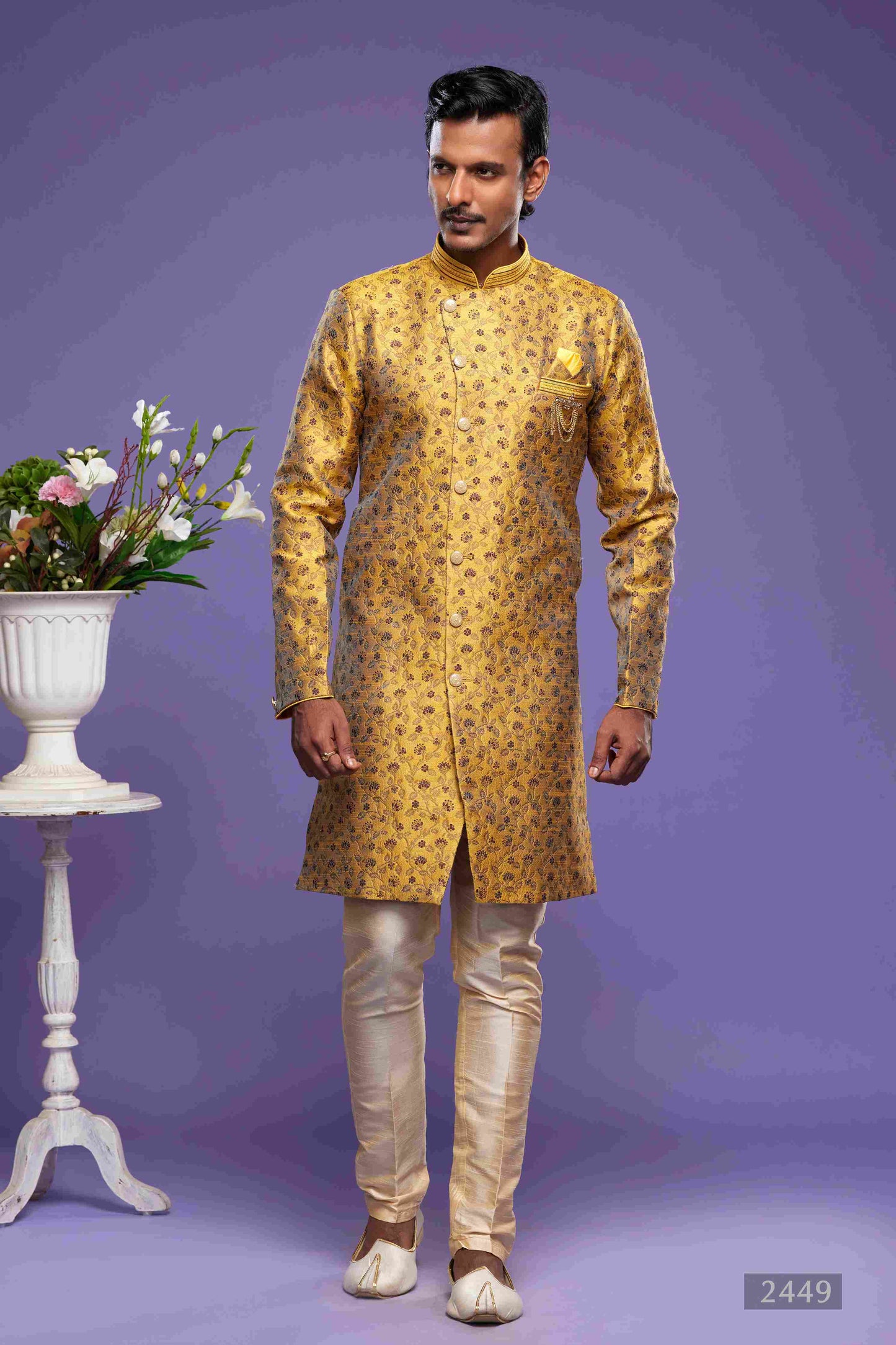 Raivat Ethnic Banarasi Jacquard Embroidery Semi Indo Western Sherwani In Gold Colour | Swadesiicart