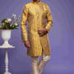 Raivat Ethnic Banarasi Jacquard Embroidery Semi Indo Western Sherwani In Gold Colour | Swadesiicart
