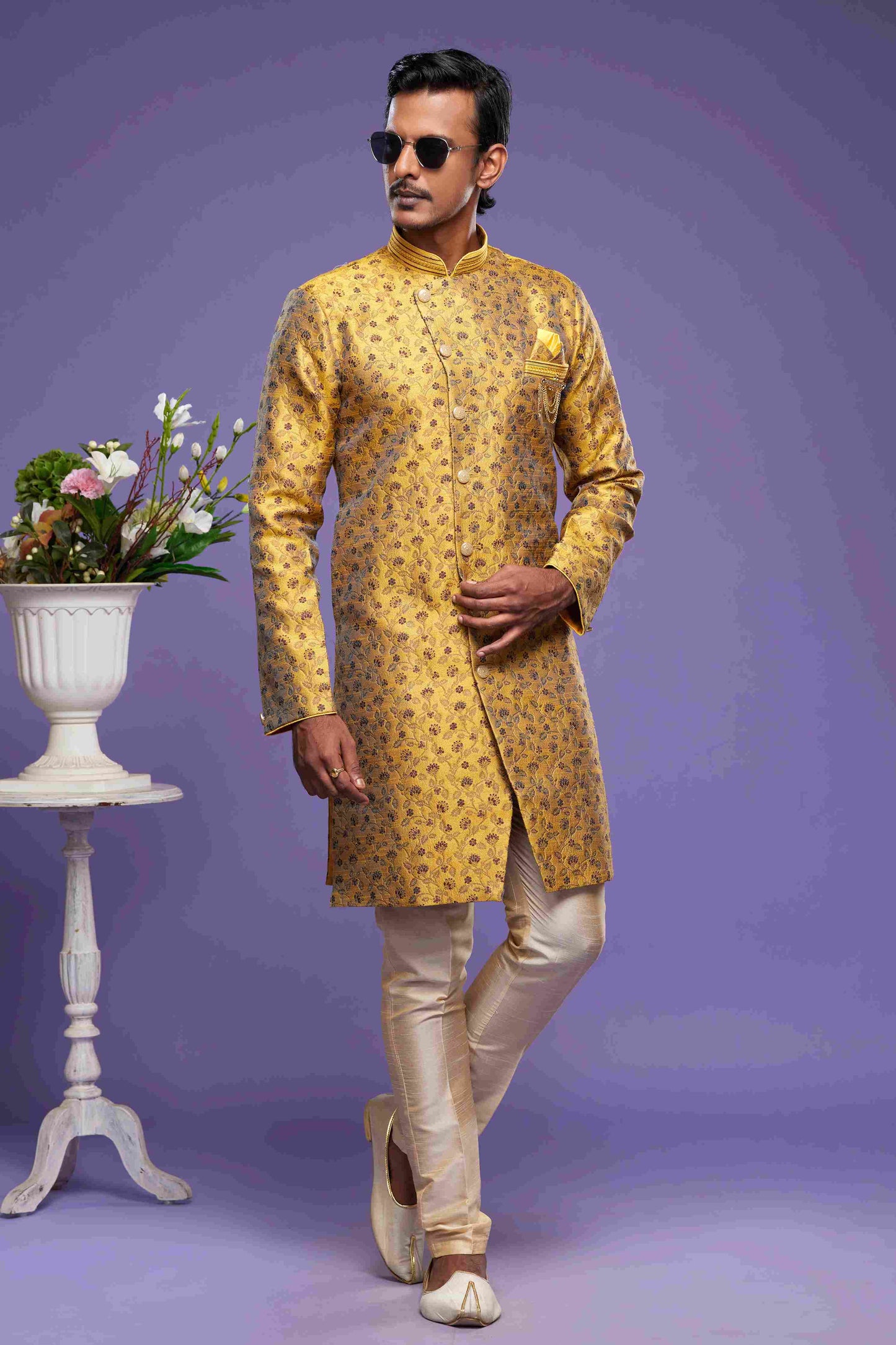 Raivat Ethnic Banarasi Jacquard Embroidery Semi Indo Western Sherwani In Gold Colour | Swadesiicart