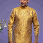 Raivat Ethnic Banarasi Jacquard Embroidery Semi Indo Western Sherwani In Gold Colour | Swadesiicart