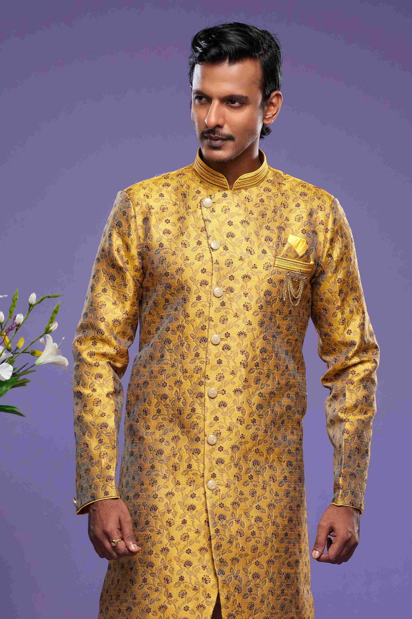 Raivat Ethnic Banarasi Jacquard Embroidery Semi Indo Western Sherwani In Gold Colour | Swadesiicart