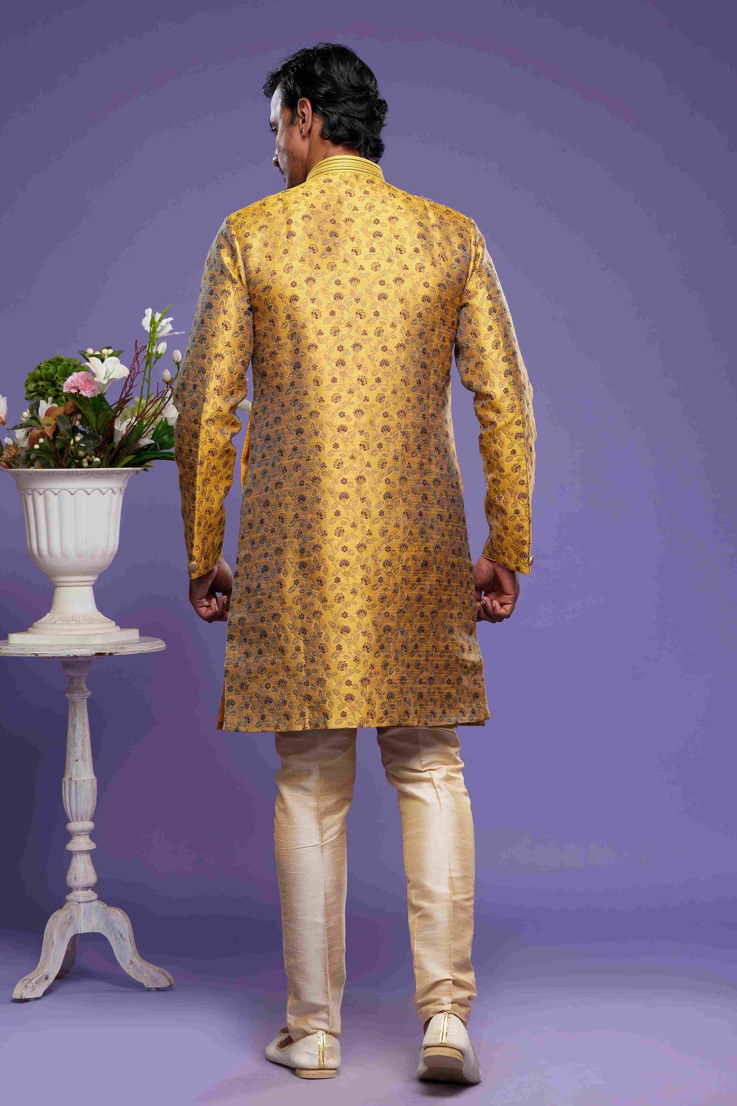 Raivat Ethnic Banarasi Jacquard Embroidery Semi Indo Western Sherwani In Gold Colour | Swadesiicart