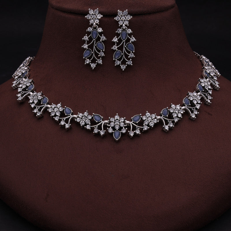 Tehzeeb Creations Silver Pleated White Diamond With Baby Blue Beads Necklace Set - Swadesiicart