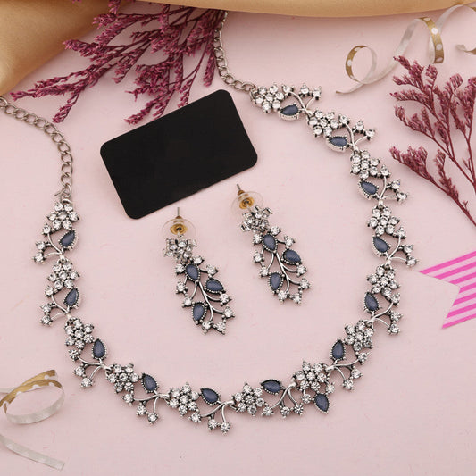 Tehzeeb Creations Silver Pleated White Diamond With Baby Blue Beads Necklace Set - Swadesiicart