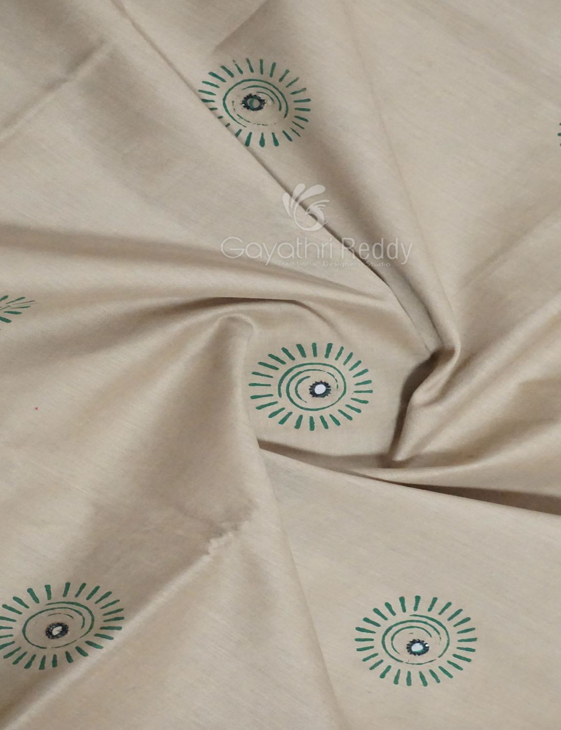 Light Olive Mix Grey Colour Block Print With Mirron Embroidered Pure Mulmul Cotton Saree By Gayathri Reddy Designer Studio | Swadesiicart