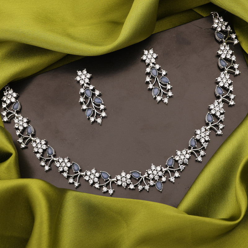 Tehzeeb Creations Silver Pleated White Diamond With Baby Blue Beads Necklace Set - Swadesiicart