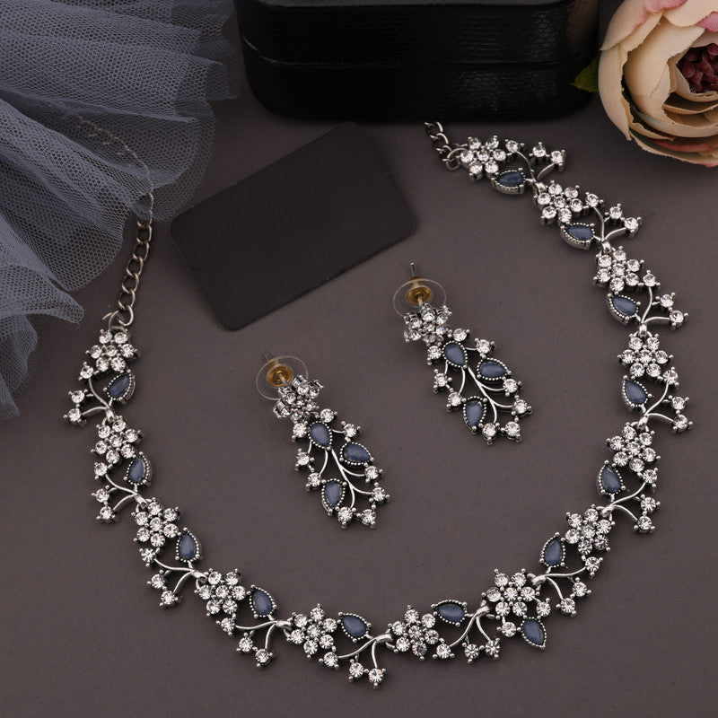 Tehzeeb Creations Silver Pleated White Diamond With Baby Blue Beads Necklace Set - Swadesiicart
