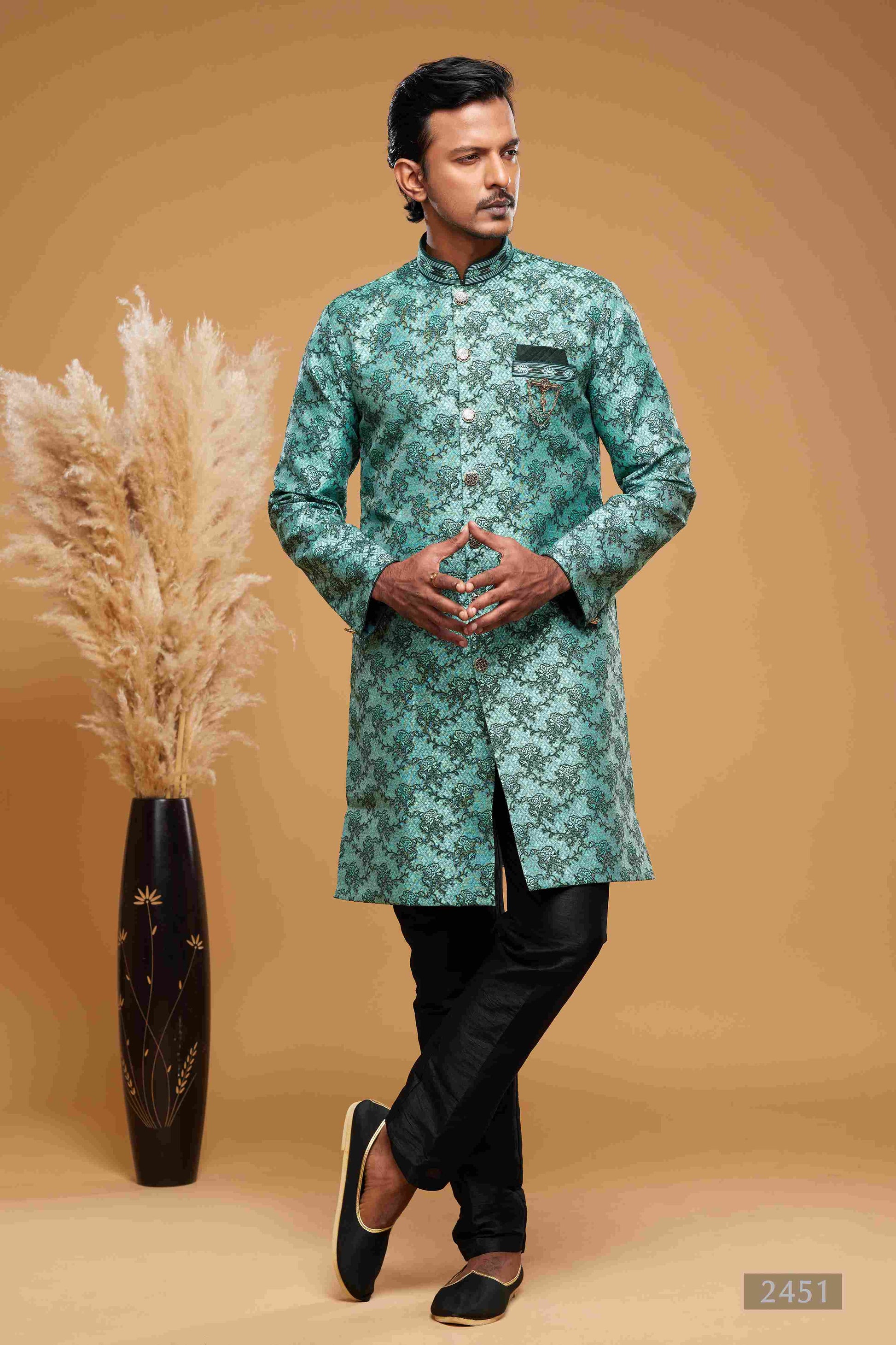 Raivat Ethnic Banarasi Jacquard Embroidery Semi Indo Western Sherwani In Green Colour | Swadesiicart