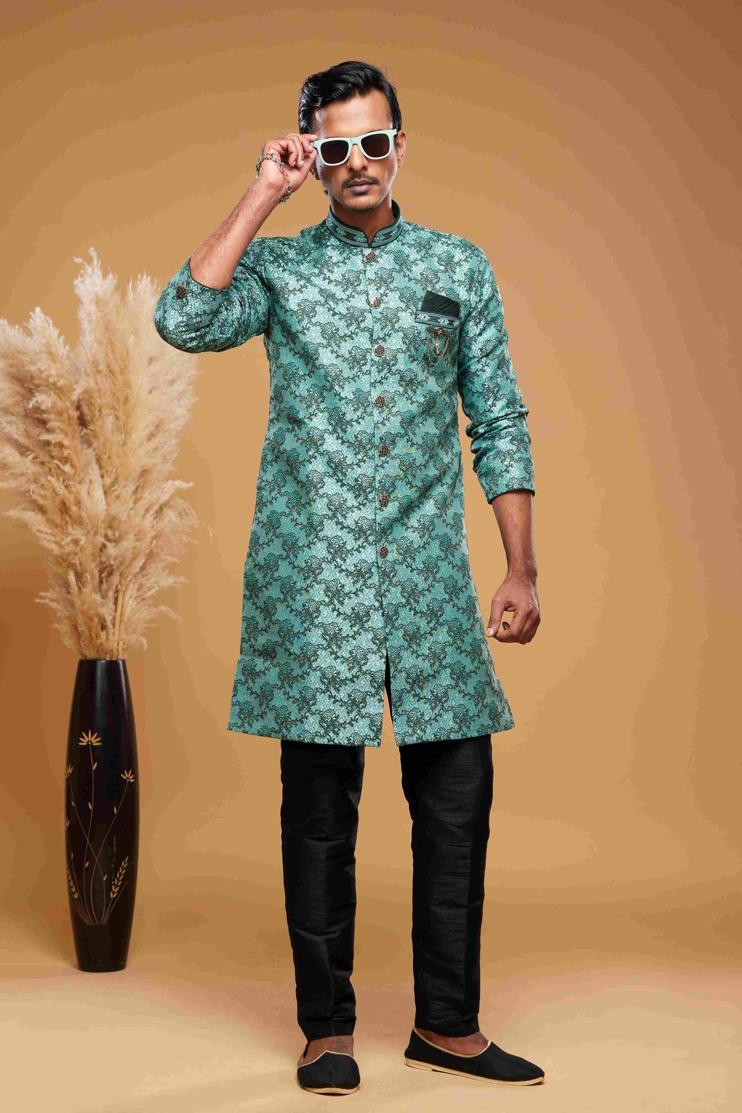 Raivat Ethnic Banarasi Jacquard Embroidery Semi Indo Western Sherwani In Green Colour | Swadesiicart