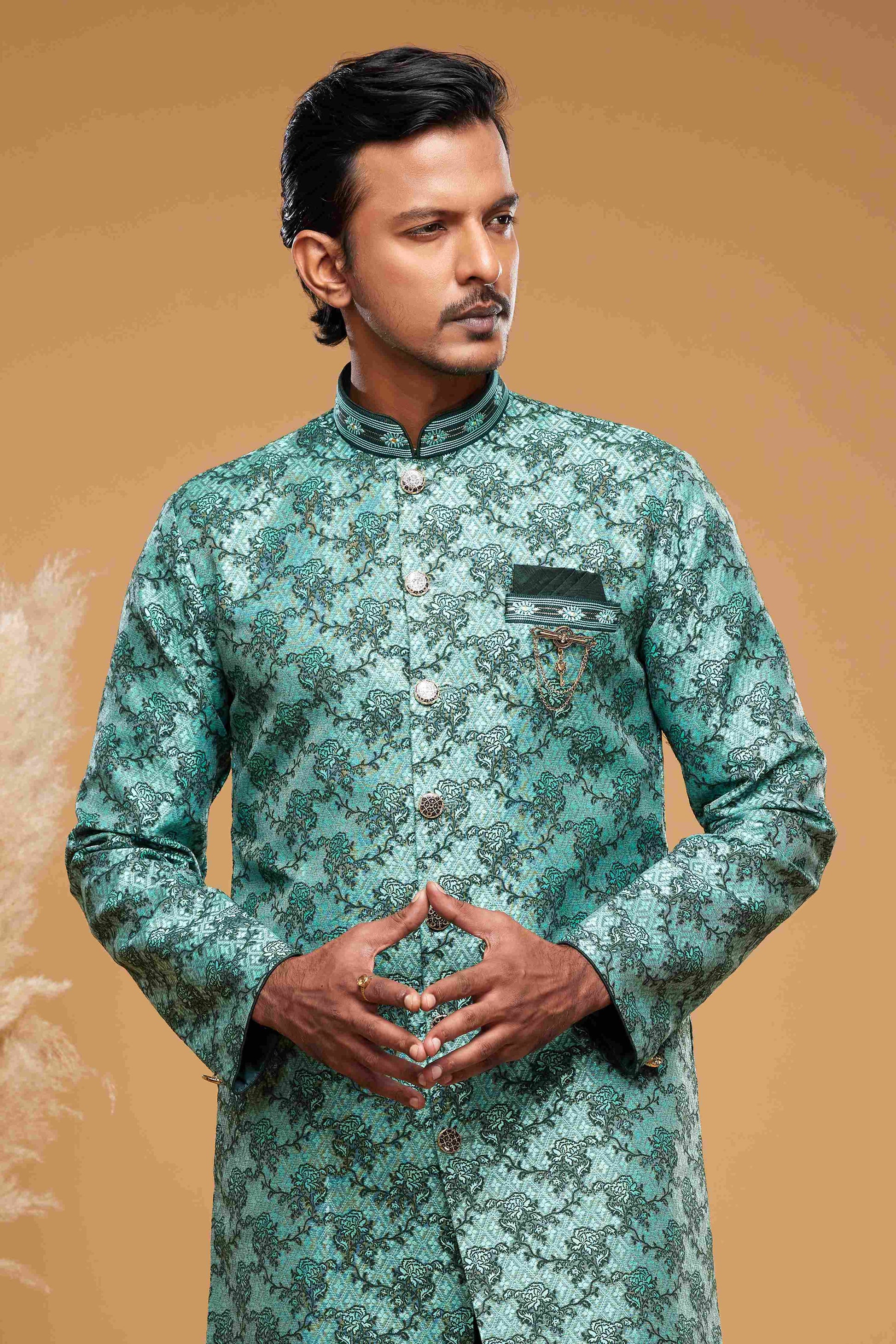 Raivat Ethnic Banarasi Jacquard Embroidery Semi Indo Western Sherwani In Green Colour | Swadesiicart